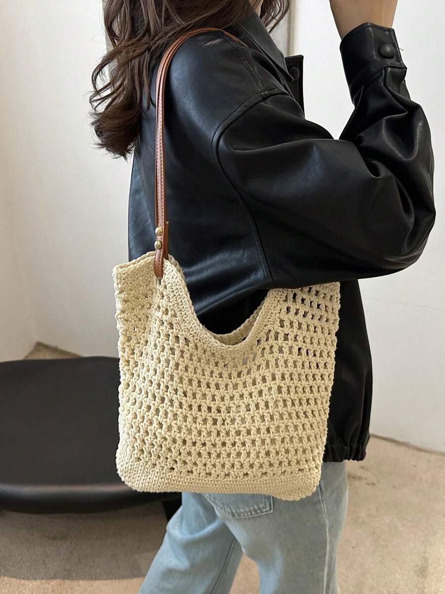 Elegant One Shoulder Beach Vacation Bag, Women's Woven Large Capacity New Straw Tote Bag For Commuting - Multicolor - View 1