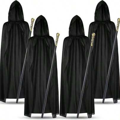 1pc Unisex Adult Black Sheer Knit Hooded Cloak Cape, Single Layer Costume For Witch, Vampire, Elf, Masquerade, Halloween, Christmas Party, 5.58ft Length