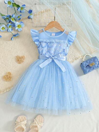  COVIVIKY Girls' Sweet Princess Dress, Puff Sleeves, Sequin Decor, Mesh Patchwork, Satin Bow Tie, Casual And Party Dress