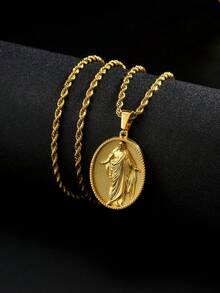 Unisex Gold Stainless Steel Jesus Necklace, Christian Amulet And Faith Jewelry, Suitable For Catholic Mass, Religious Occasions And Daily Wear, 60cm Length Gold-Plated Men's Religious Necklace - Gold - View 1