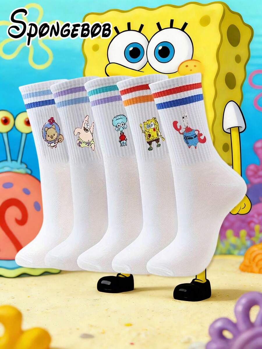 SpongeBob SquarePants 5 Pairs Women's Mid-Calf Socks, Double Stripe  Cartoon Collab Design, Absorbent Breathable Unisex White Socks - Multicolor - View 1