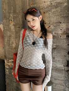 Women's Floral Mesh Long Sleeve Sheer Design T-Shirt - White - View 10