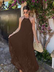 2026 Spring/Summer New Elegant Casual Commute Daily Date Holiday Travel Tea Party Beach Backless Halter Beige Dress, Suitable For Valentine's Day Date, Daily Wear, Party, New Year, Street Style, Graceful Attire, Ladies' Elegant Top, Summer Holiday Outfit - Brown - View 5