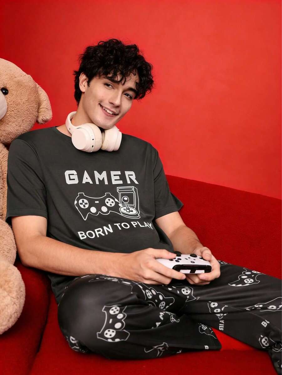 男士印花短袖睡衣套装，夏季家居服 - 黑色 - 查看 1