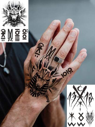 1 Sheet Y2K Dog Head Totem Old School Temporary Tattoos For Women Men Adults Hands Finger Foot Neck Clavicle Waist Legs Thigh Shoulder Ankles Forearm Shank Half Sleeve Arm Makeup, Semi-Permanent Temp Tattoo Waterproof Long Lasting Realistic Tatoos