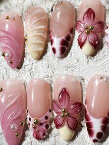 Handmade 3D Flower Diamond Pearl Sequin Round False Nails, Medium-Long Artificial Nail Stickers For Women - Pink - View 3