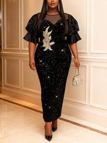 Elegant Plus Size Black Long Cocktail Dress With Round Neck Half Flare Sleeves For Formal Gown - Black - View 3