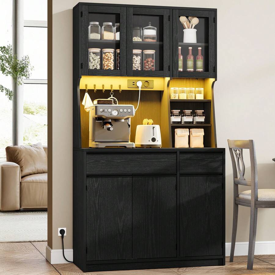 HEXCELEN Kitchen Cabinet, Sideboard, Tall Cabinet With Sockets And LED Light Strips, With Worktops And Two Drawers, Adjustable Shelves, Kitchen, 40 X 100 X 180 Cm, Black - 查看 1