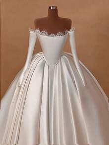 Chic Boat Neck A-Line Wedding Dress With Long Sleeves And Open Back In Satin – Sophisticated Floor-Length Bridal Gown Featuring A Graceful Wide Neckline, Full-Length Fitted Sleeves, Daring Rear Cutout, And Lustrous Satin Silhouette, Perfect For Weddings, Christmas Galas, Halloween Balls, Formal Dances, Birthday Celebrations, And Special Evening Events. A Versatile Choice For Wedding Receptions, Holiday Parties, Anniversary Dinners, Luxury Getaways, Black-Tie Occasions, Cocktail Gatherings, Bridal Showers, Wedding Guest Attire, Graduation Formals, Homecoming Events, And As A Timeless Bridesmaid Or Festive Evening Gown. - trắng - Xem 2