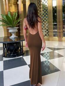 Women's Solid Color Slit Bodycon Backless Sexy Elegant Dress, Suitable For Night Out, Party, Club, Vacation, Beach, Casual Wear In Spring And Summer - Brown - View 2