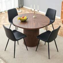 Minimalistic Rundtisch-Set Mit 1 Tisch Und 4 Stühlen.Runder Esstisch Aus MDF Mit 100 Cm Durchmesser In Nussbaumholzoptik.Kombiniert Mit 4 Stühlen Aus Schwarzem Kunstleder (PU) . - Black + Walnut + MDF + Metal + PU Leather + Seats 4 - 查看 5