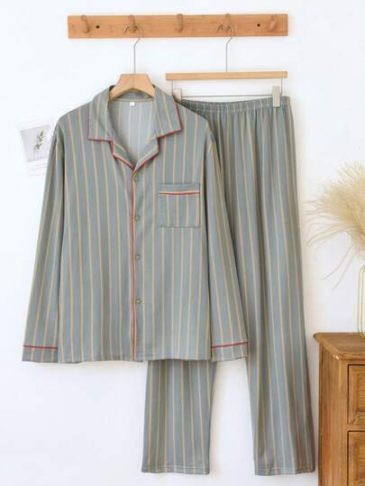 2pcs Men Plus Size Pajama Set - Comfortable Fabric Sleepwear Set, Fashionable Plaid Pattern Long Sleeve Shirt And Pants, Casual Loungewear Suitable For Spring, Autumn And Winter