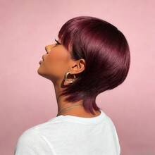 Lolely Dream 99J 酒红色短直波波头假发，带刘海，100% 巴西 Remy 真人发，全机织，180% 高密度蓬松发量，亮丽酒红色，带有挑染，可选姜橙色，质地柔软顺滑，不易掉发和打结，透气帽设计 - S99JA - 查看 2