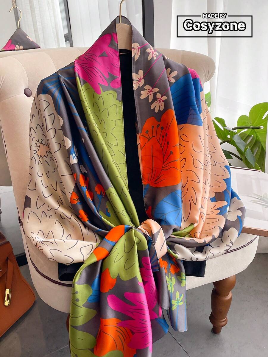 1pc Floral Print Faux Silk Scarf, Fashionable Versatile Shawl For Sun Protection, Suitable For Daily Wear,Beach,Holiday - Multicolor - View 1