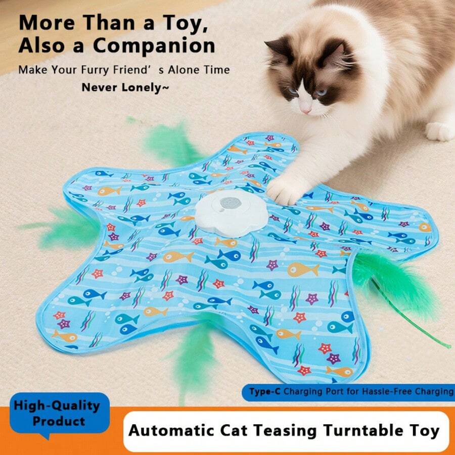 Starfish Interactive Cat Toy Automatic Turntable Feather Teaser USB Charging Pet Play Mat For Alone Time Companion - Blue - View 1