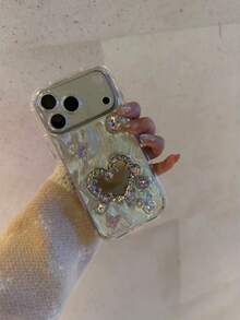 Luxury Resin Heart Mirror Rhinestone Phone Case Compatible With IPhone 16/17 Pro Max/ 15 Pro, Full Coverage Anti-Drop Protection Compatible With IPhone 14/13, Women - Silver - View 2