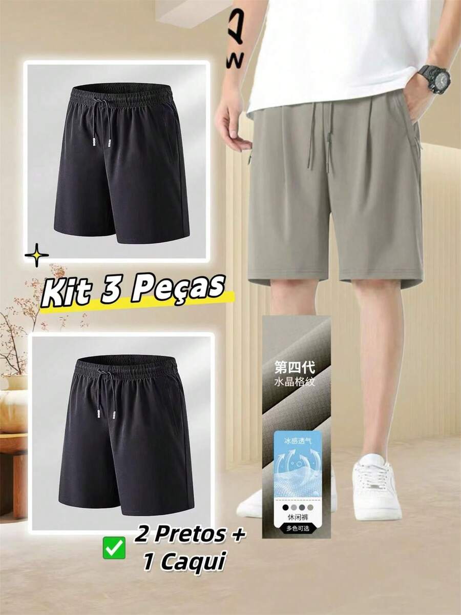 Kit Of 3 Men's Bermuda Shorts, Imported Men's Polyamide, Cool Silk Finish, Elastane, Casual, Quick-Drying. - Khaki - View 1