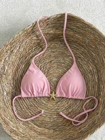 Bộ 2 áo bikini nữ màu trơn cổ yếm, họa tiết sao biển, dễ thương và thanh lịch, phù hợp cho ngày Valentine, tiệc tùng hàng ngày, kỳ nghỉ hè ở bãi biển. Màu hồng.