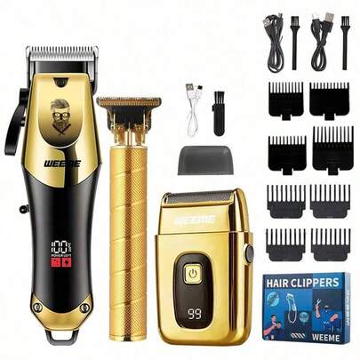 WEEME 3-Piece Professional Gold-Color Men's Grooming Kit: Electric Shaver And Trimmer Combo, Precise Haircut And Shave, Stylish Gold Design, Suitable For Hair, Beard And Face Trimming, USB Rechargeable, Powerful Battery, Lightweight And Convenient For Home And Travel, Ideal Personal Care Tool And Gift