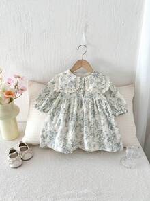 Miniweenns 1pc Baby Girls' Outdoor Casual Ditsy Floral Long Sleeve Loose Fit Dress, Princess Style, Spring/Autumn - Baby Blue - View 3
