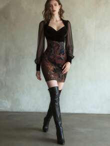 Women's Elegant Sweetheart Neck Bodycon Dress With Contrast Mesh Bishop Sleeves And Vintage Paisley Print Short Skirt, Sexy Wrap Detail For Party Evenings - 黑色 - 查看 3