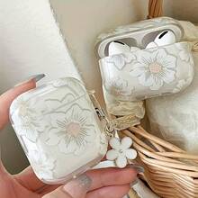 Fashion White Floral TPU Protective, Suitable Pro 2/1/2/3 Generations - Wireless Earbuds Protective With Anti-Drop Design And Keychain, Wireless Earbuds Storage|Floral Pattern Box|Durable Protective,  Protective Cute - 適用於Airpods 4 - 查看 7