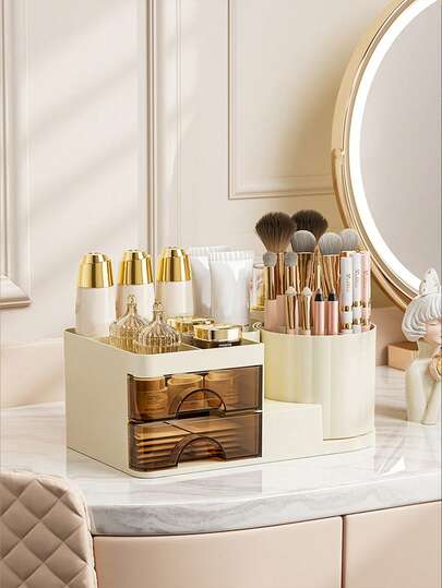 360° Multifunctional Rotating Drawer Desktop Organizer - Transparent Storage Compartments, Space-Saving Organizer For Office And Home Use, Durable Plastic Material, Portable Design, Practical Office Accessory, Sturdy And Durable, Pressure-Resistant And Drop-Resistant, Portable Design, Easy To Move And Place For Both Office And Home Use.