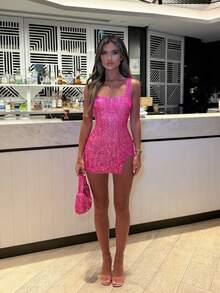 Women's Sequin Square Neck Backless Sleeveless Side Slit Party Club Bodycon Mini Dress - 粉色 - 查看 2