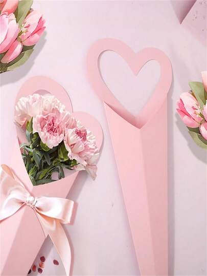 5pcs Pink/White Flower Bouquet Gift Bags | Heart-Cutouts & Single Flower Wrappers - Tissue Paper Florist Boxes For Wedding Favors, Valentine'S Day, Birthdays, Showers - Elegant Pink & White Presentation Boxes (Bulk Party Supplies)