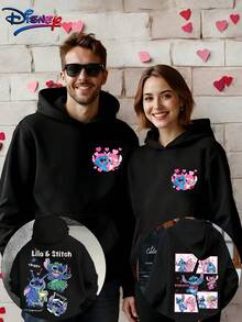 This Valentine's Day Men's Casual Street Hip-Hop Style Hooded Sweatshirt Is Produced Under License From . It Features A Romantic Cartoon Stitch Pattern Printed On It. The Front Is Designed With A Pocket. This Stylish Men's Hooded Top Is Suitable For Wearing In Autumn And Winter Seasons, And Can Also Be Given As A Gift To Friends. - Boys - Black - View 1
