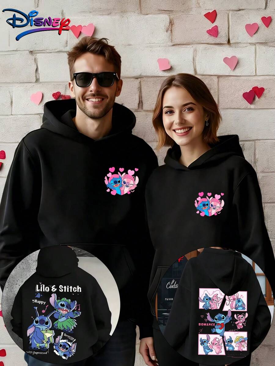 This Valentine's Day Men's Casual Street Hip-Hop Style Hooded Sweatshirt Is Produced Under License From . It Features A Romantic Cartoon Stitch Pattern Printed On It. The Front Is Designed With A Pocket. This Stylish Men's Hooded Top Is Suitable For Wearing In Autumn And Winter Seasons, And Can Also Be Given As A Gift To Friends. - Boys - Black - View 1