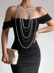 1件水钻仿珍珠发链，优雅多层长流苏链，仙女风发箍，适合新娘、婚礼、派对、约会、休闲、情人节等场合，女士发饰 - 白色 - 查看 9