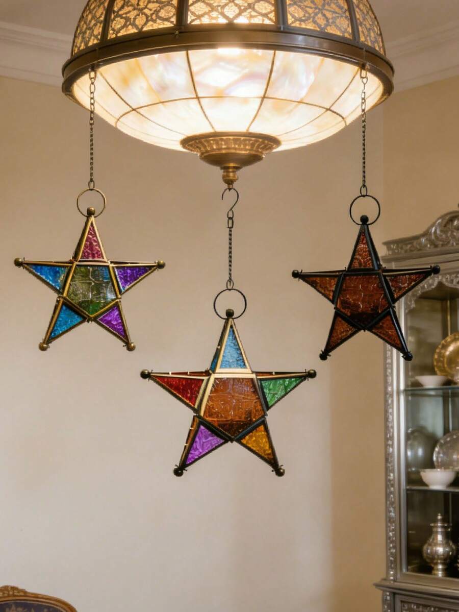 5-Pointed Star Windproof Candle Holder, Iron Colored Glass Lantern, Retro Candle Holder, Holiday Decor, Home Decor, Holiday Hanging Decor, Ornament, Outdoor Garden Decor. Essential For Restaurant Decoration, Creating A Holiday Party Atmosphere.