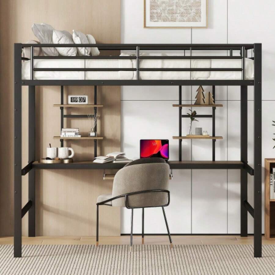 (=WX000127AAB) Metal Bed Frame, Iron Bed, Loft Bed With Desk And Two Bookshelves For Children, Teenagers And Adults, 140x200cm, Black - Black - View 1