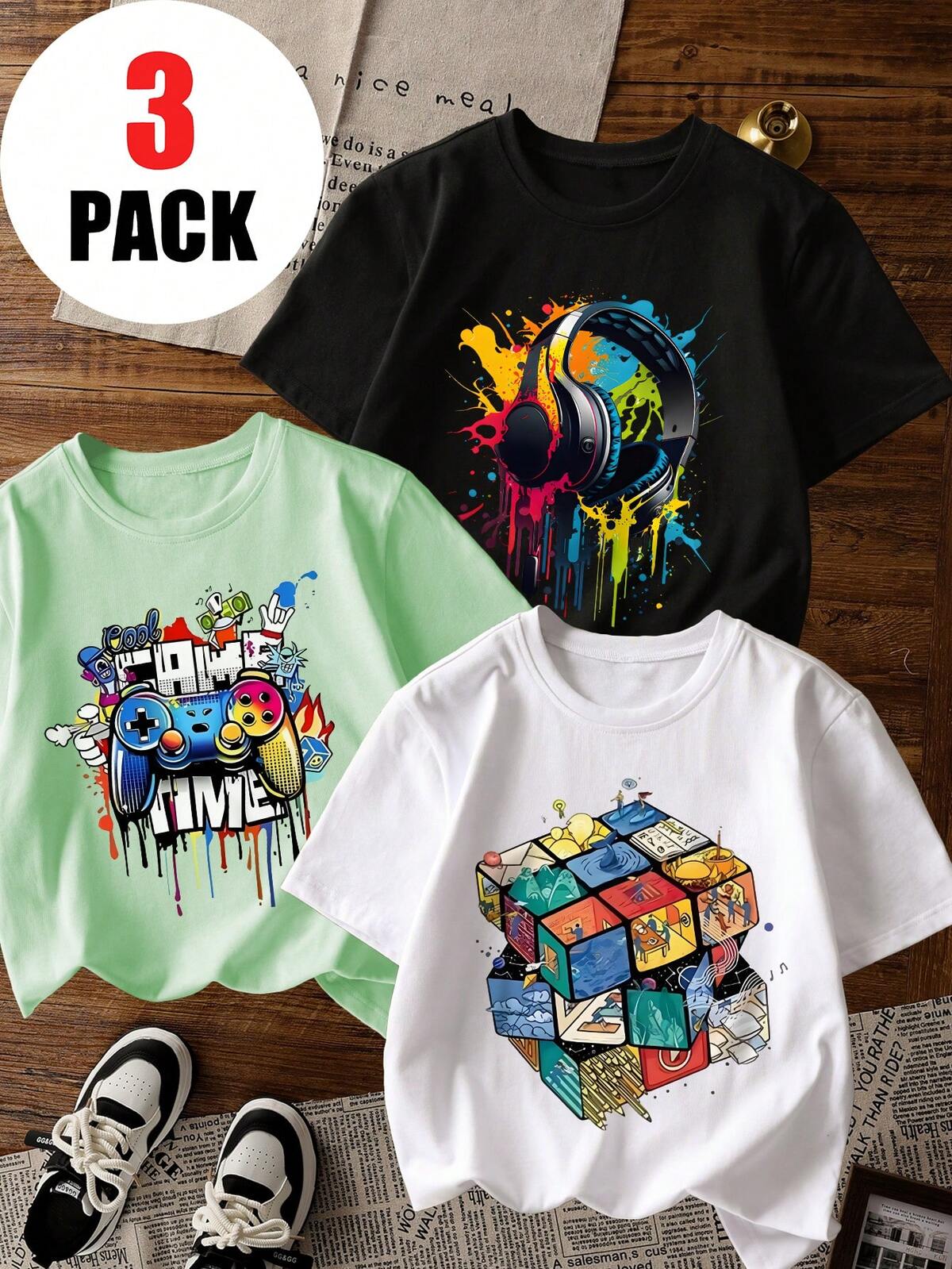3 pièces/Set T-shirts à col ras du cou à manches courtes avec imprimé graphique décontracté pour garçons préadolescents, vêtements d'été pour étudiants et jeunes - T-shirts avec imprimés de console de jeu colorée et de casque apportant joie et bonheur à chaque enfant !