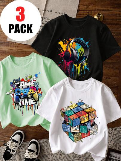 3件套青少年男童休闲印花圆领短袖T恤，夏季学生青少年服装 - 色彩缤纷的酷炫游戏机、耳机印花T恤，为每个孩子带来欢乐和幸福！