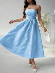 Look Polly 女士夏季连衣裙，纯色提花长款连衣裙，无肩带设计，适合婚礼、春夏穿着、返校季、派对、露肩舞会、优雅印花长款连衣裙、情人节、嘉年华蓝色连衣裙 - 藍色 - 查看 10