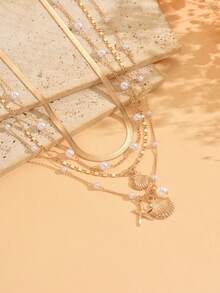 4pcs/Set Fashionable Elegant Metal Chain Faux Pearl Layered Necklace With Shell & Starfish Pendant, Versatile Jewelry For Daily Wear And Music Festival Party, Chain Length Adjustable - Gold - View 3