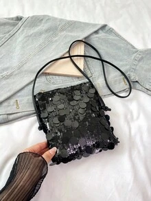 1pc Quilted Open-Close PVC Sequin Small Square Bag, Fashion Shiny Sequin Coin Purse Phone Bag, Women's Party Event Bag, New Stylish Chain Crossbody Bag, Shiny Glitter Chic Shoulder Bag, Suitable For Women To Attend Banquets And Parties - Black - View 9