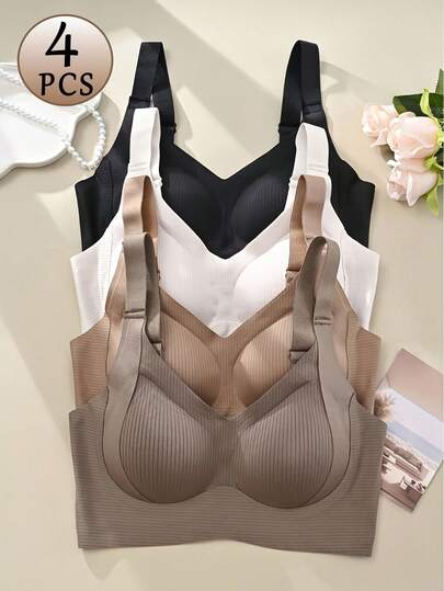 4-Piece Plus Size Bra, Seamless Breathable Wireless Sports Bra For Women - Full Coverage Design, Anti-Slip Material, With Lifting And Support Functions, Comfortable To Wear, Ribbed Details, Made Of Nylon And Elastic Fiber Blend, Hand Wash. Elegant Solid Color Design.Plus Size Lingerie