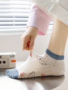 1/5双可爱小熊图案女士短袜，透气竹棉大网眼设计，可爱学院风，适合春秋季日常穿着 - 彩色 - 查看 5