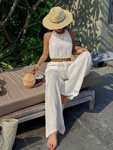 女士休闲无袖露背纯色上衣和阔腿裤两件套，夏季 - 白色 - 查看 9