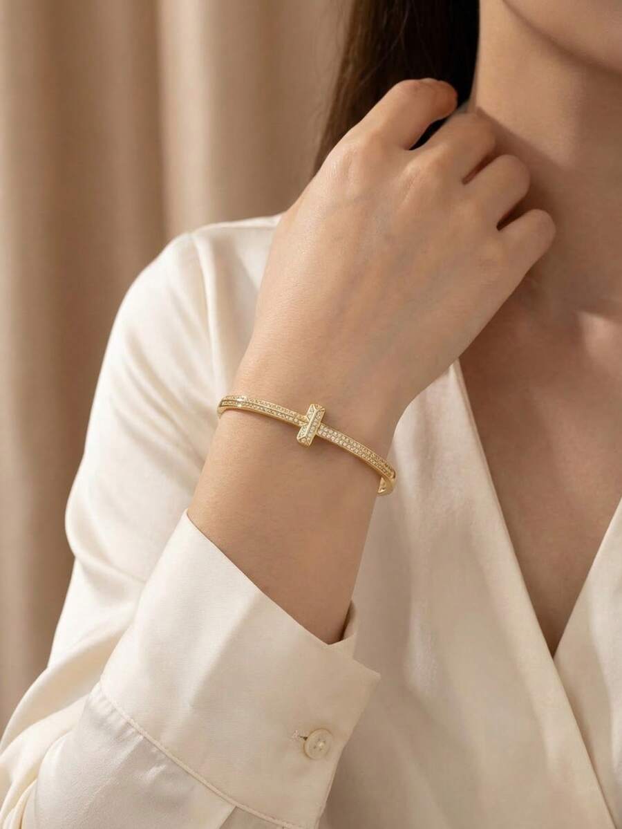 Eid Fashionable Stackable T-Motif Cuff Bangle, Modern Crystal Inlaid Statement Bracelet For Women - Gold - View 1