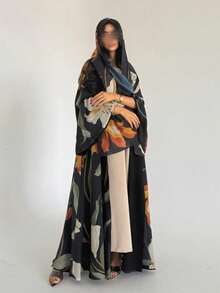 Women's New Floral Print Open Front Casual Abaya Robe With Headscarf, Daily Wear - Black - View 4