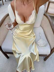 EARO 优雅女士长款缎面吊带裙，精致蕾丝连体衣，夏季无弹面料，优雅百搭 - 淡黃色 - 查看 1