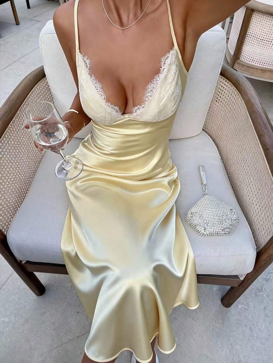 EARO 优雅女士长款缎面吊带裙，精致蕾丝连体衣，夏季无弹面料，优雅百搭 - 淡黃色 - 查看 1