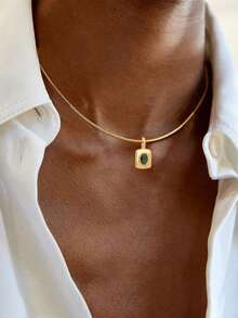 Nooxian 1pc Women's Pendant Necklace, Minimalist Stainless Steel Inlaid Green Zirconia Rectangular Pendant Necklace, Versatile Daily Wear, Gift Accessory - Yellow Gold - View 6