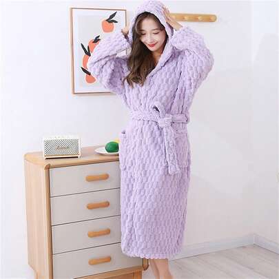 1pc Coral Fleece Hooded Bathrobe, Soft & Absorbent Loungewear Robe Suitable For Bathroom & Home Wear