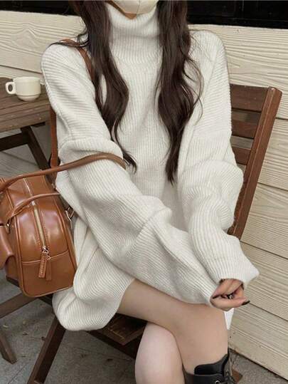 Loose Casual Turtleneck Midi Sweater, Women Long Sleeve Knit Top