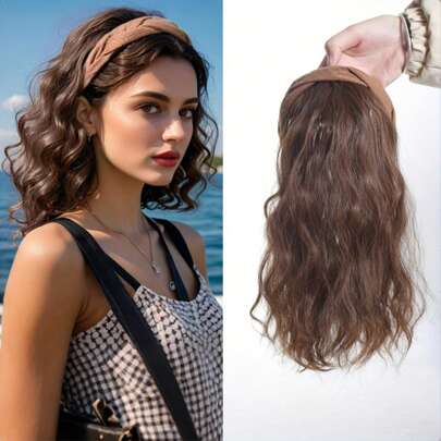 Wig Accessories ,U-Shaped Design, Brown Headband With Water Wave Texture, Long Wavy Clip-On Headband Wig For Women - Synthetic Half Wig Hair Extension, Natural Look,Versatile Styling,Perfect For Everyday Or Beach Days, Everyday Hair Enhancement Ushaped Wig Secure Fit Wig.
